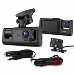 Complete 3-channel 1080P WiFi dash cam kit with two-sided main unit, wired rear camera, suction mount and cables
