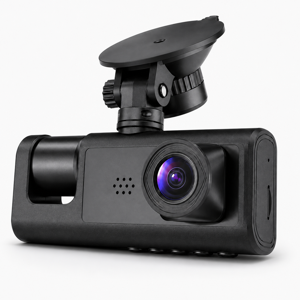 Road-facing side of the 3-channel dash cam main unit with suction mount