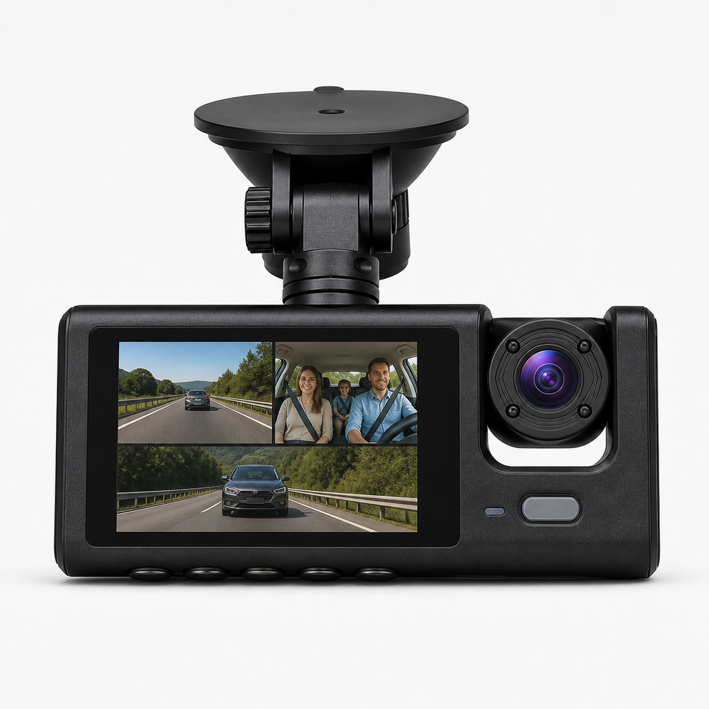 Display and cabin-camera side of the 3-channel dash cam main unit