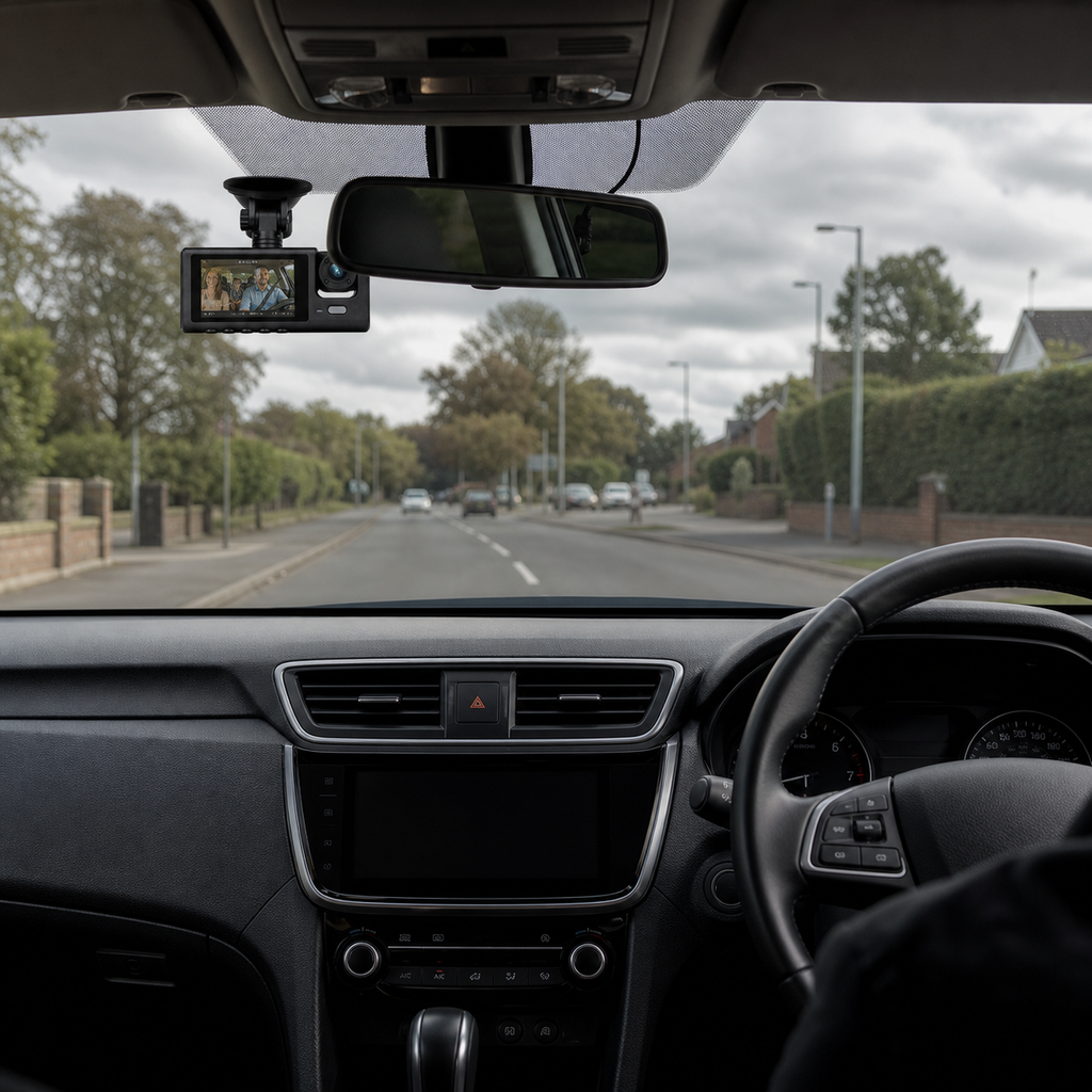 Dash cam mounted high beside the central rear-view mirror in a right-hand-drive car