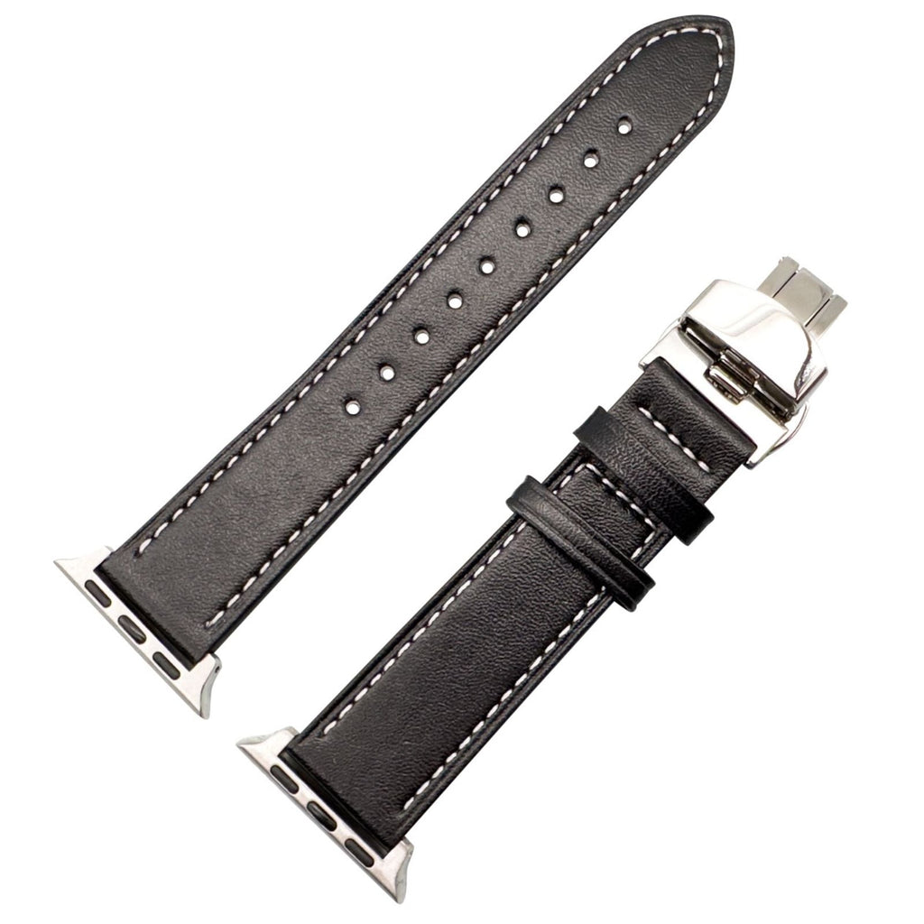 Genuine Leather Strap With Butterfly Clasp For Apple Watch | BLACK