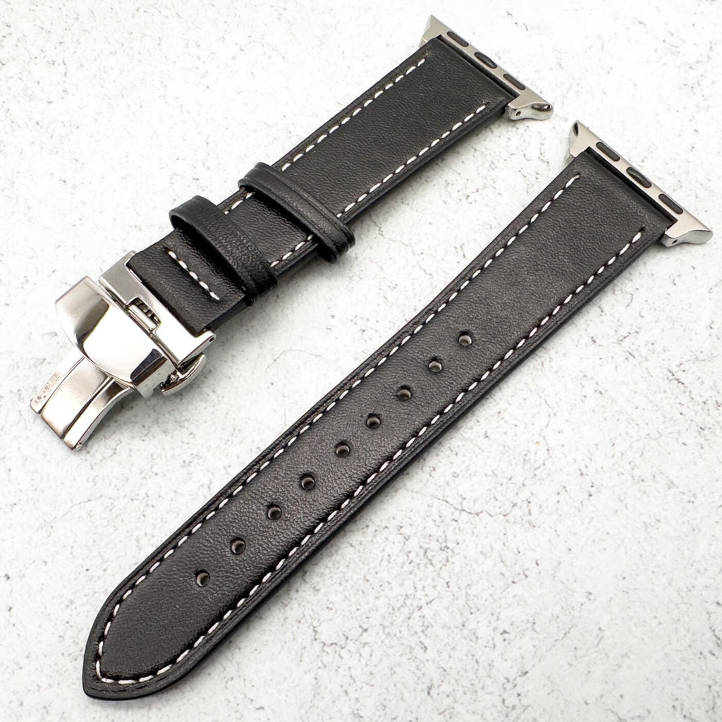Genuine Leather Strap With Butterfly Clasp For Apple Watch | BLACK