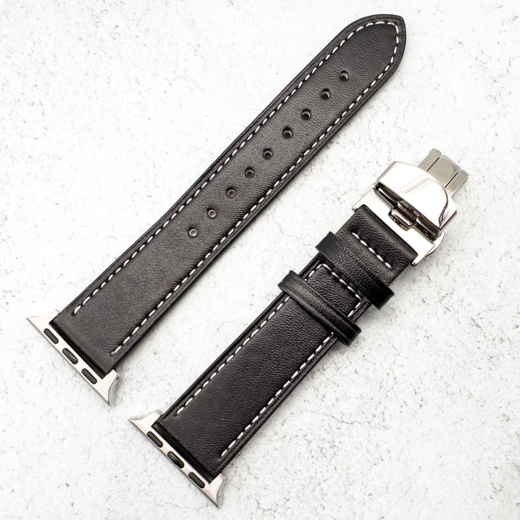 Genuine Leather Strap With Butterfly Clasp For Apple Watch | BLACK