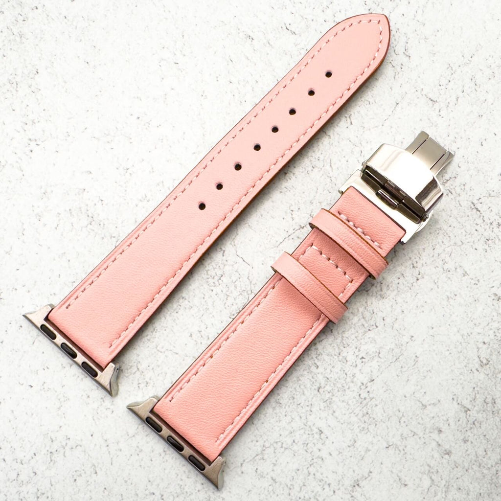Genuine Leather Strap With Butterfly Clasp For Apple Watch | PINK