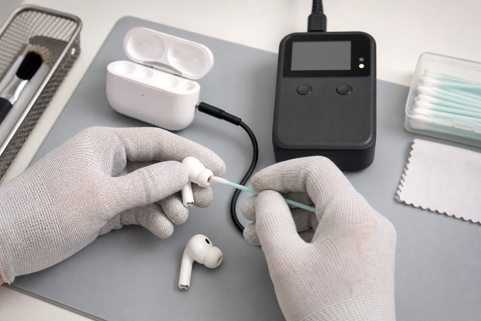 Technician cleaning and function-checking wireless earbuds at a workbench