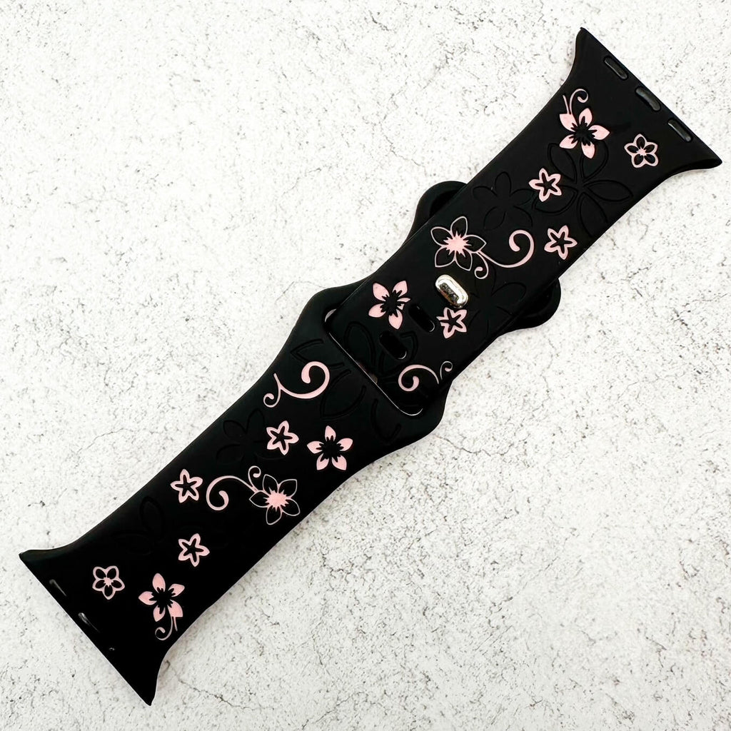 Silicone Floral Engraved Watch Strap For Apple Watch | BLACK / PINK