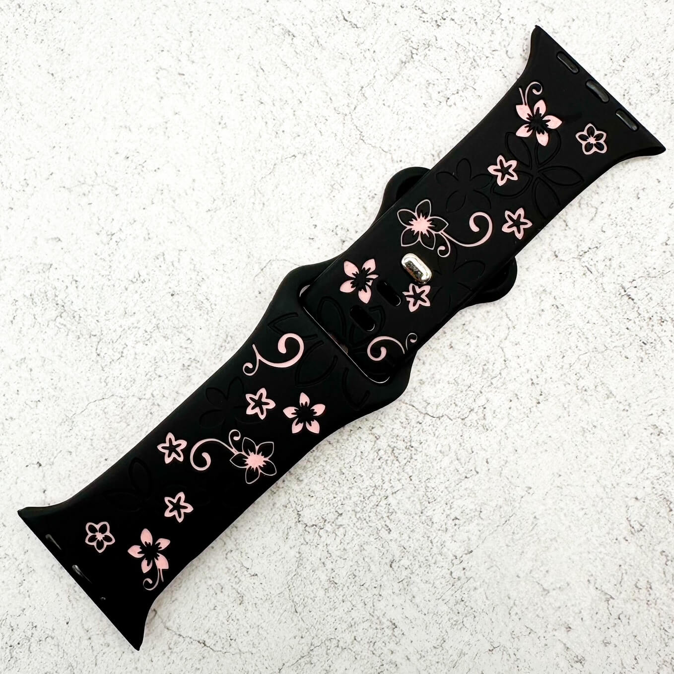 Silicone Floral Engraved Watch Strap For Apple Watch | BLACK / PINK