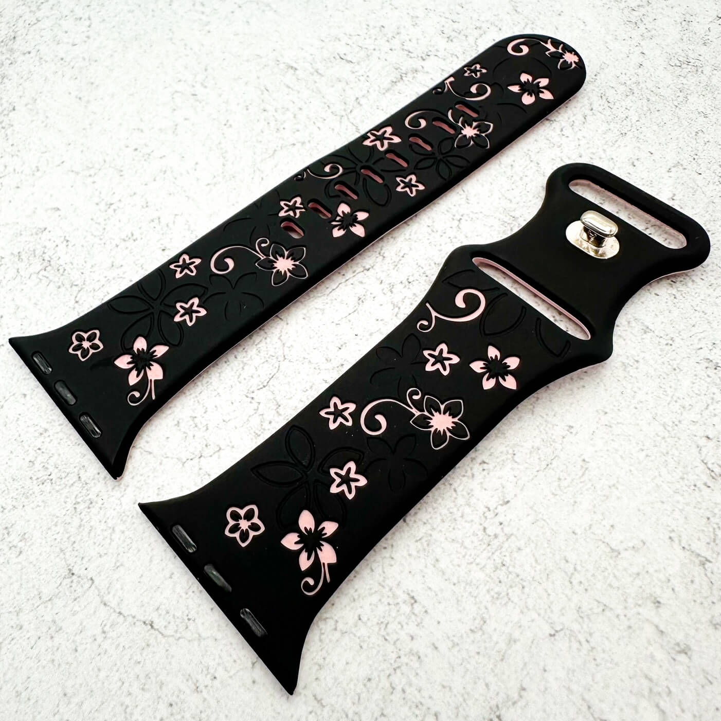 Silicone Floral Engraved Watch Strap For Apple Watch | BLACK / PINK