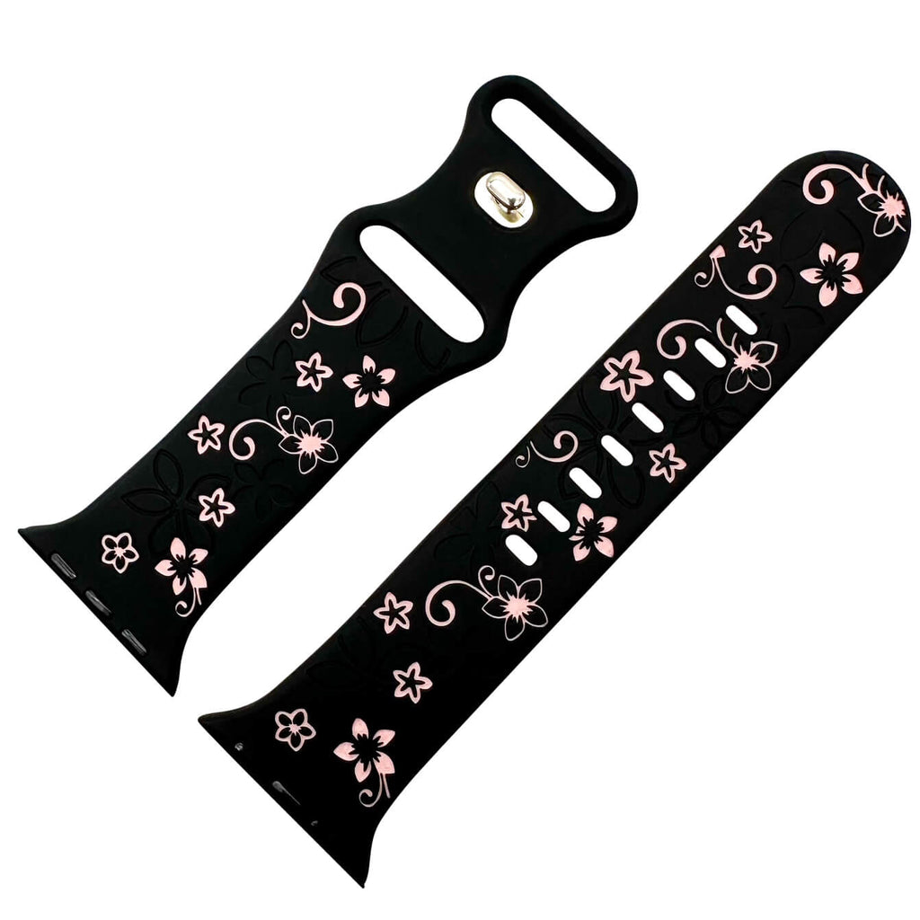 Silicone Floral Engraved Watch Strap For Apple Watch | BLACK / PINK