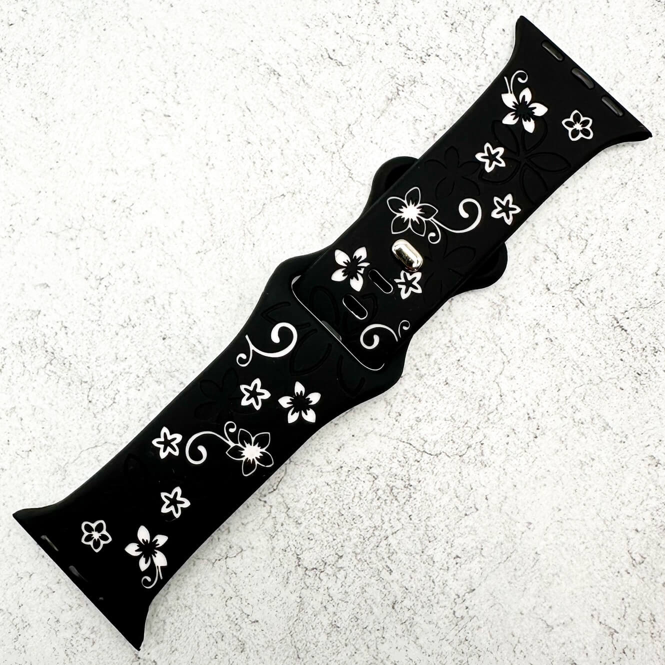Silicone Floral Engraved Watch Strap For Apple Watch | BLACK / WHITE Secondary image