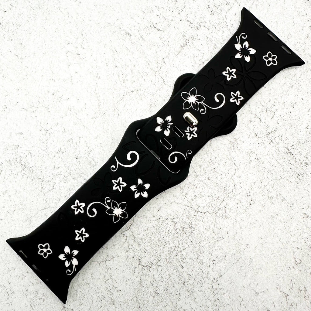 Silicone Floral Engraved Watch Strap For Apple Watch | BLACK / WHITE