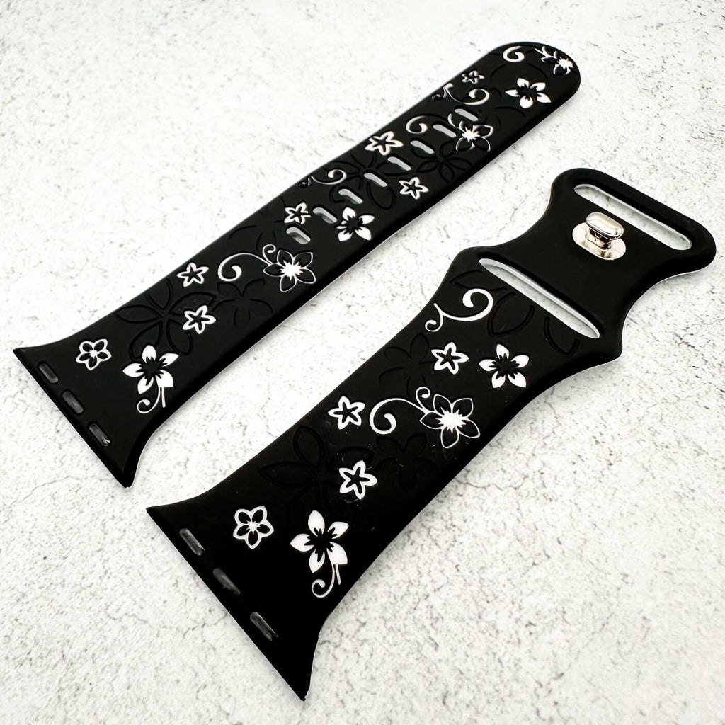 Silicone Floral Engraved Watch Strap For Apple Watch | BLACK / WHITE