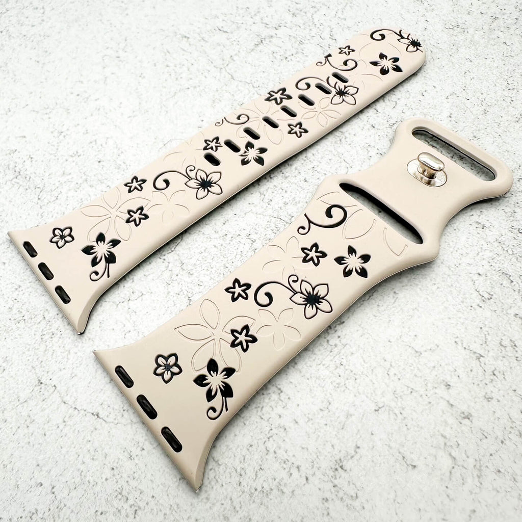 Silicone Floral Engraved Watch Strap For Apple Watch | STARLIGHT WHITE / BLACK