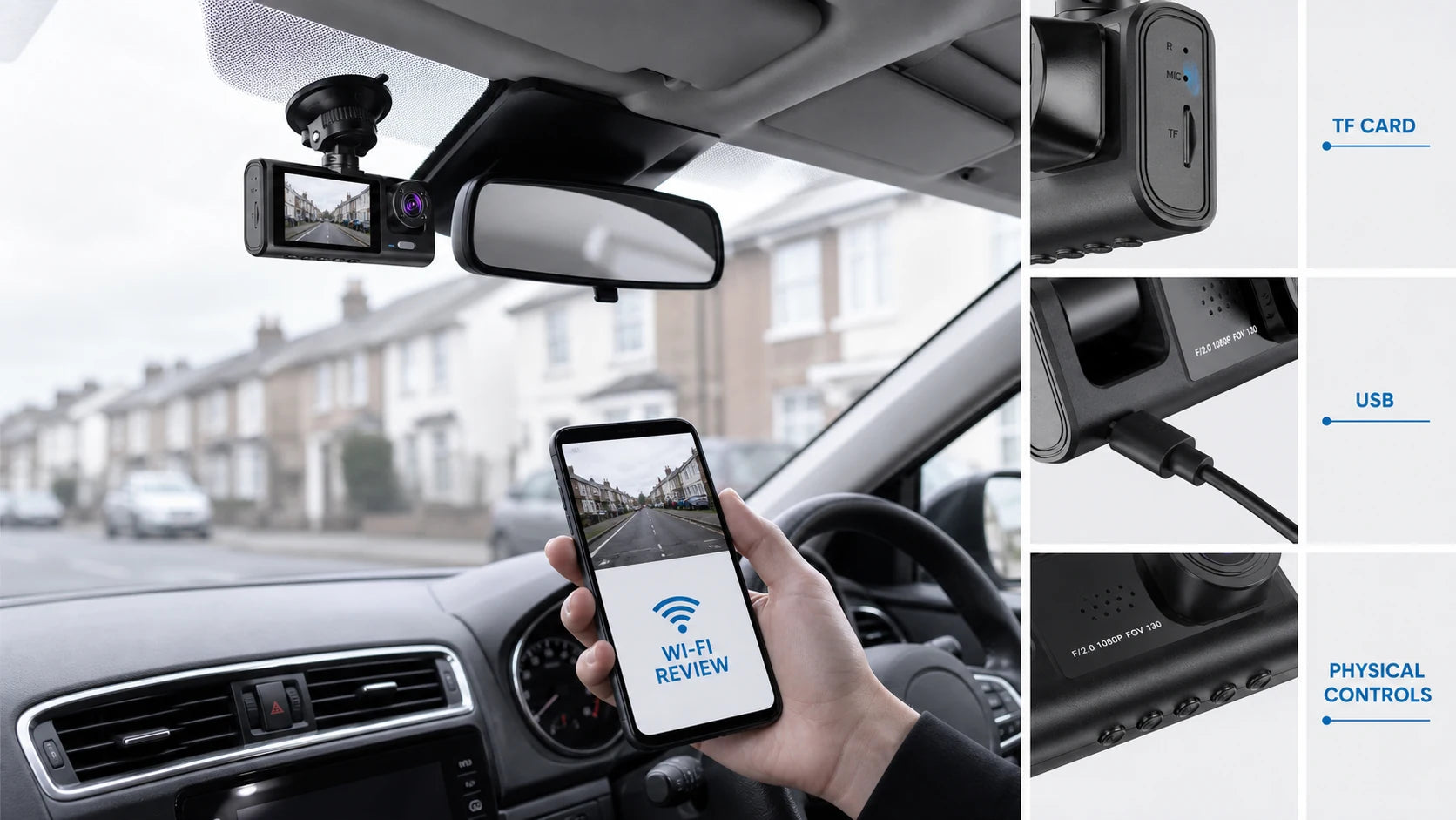 Dash cam installed beside the central rear-view mirror with Wi-Fi phone review, TF card, USB and physical controls shown