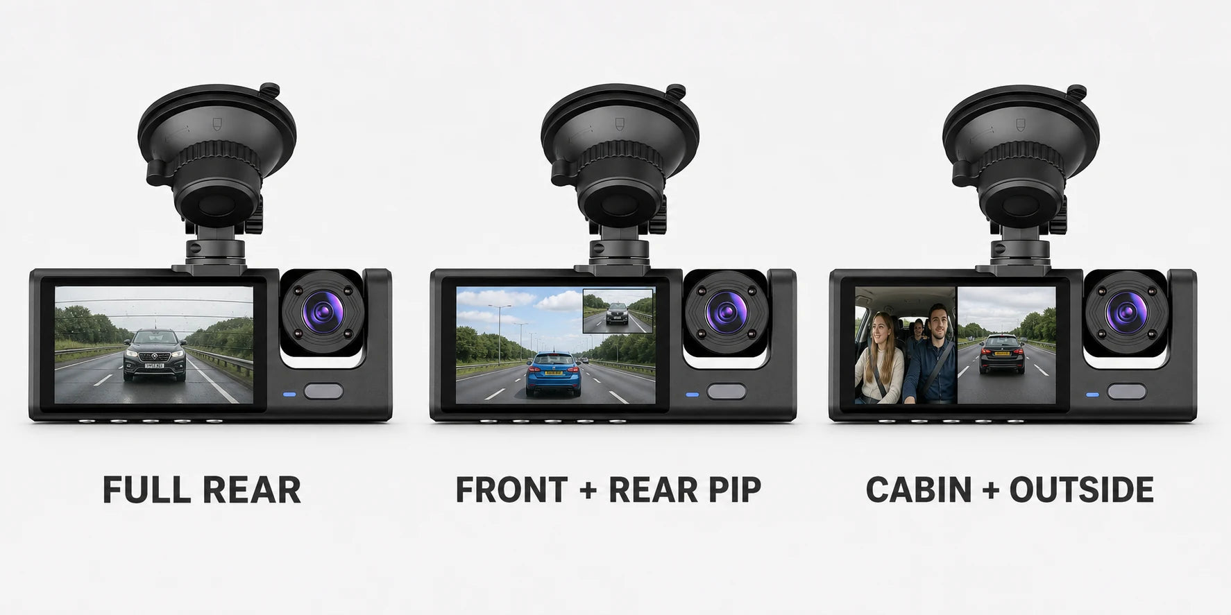 Three dash cam screen layouts showing full rear, front plus rear picture-in-picture and cabin plus outside