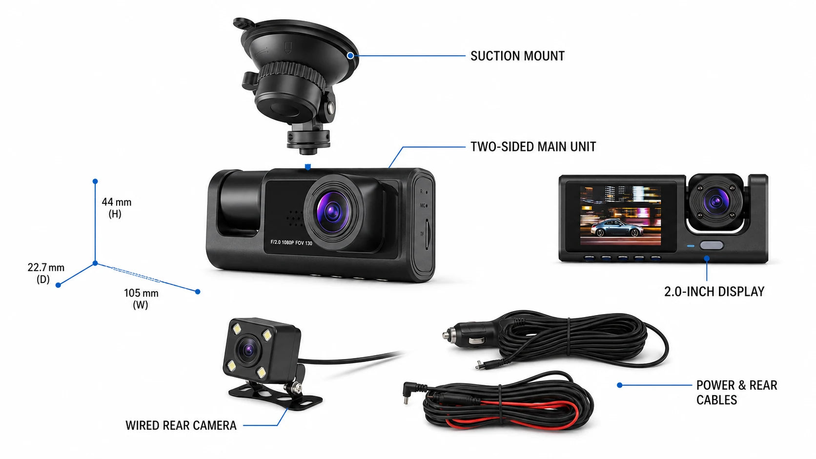 Dash cam system layout showing suction mount, two-sided main unit, display side, wired rear camera, cables and main-body dimensions