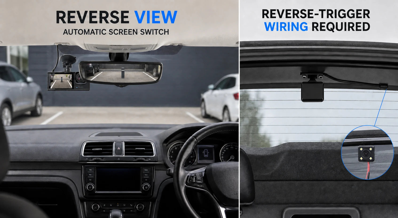 Dash cam automatically showing the outward rear camera view when reverse is selected, with rear camera orientation shown